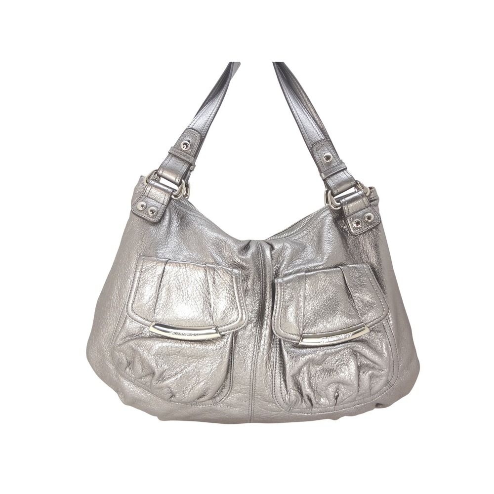 Vintage Y2K B. Makowsky Hobo Bag Large Silver Metallic Leather Cargo Pockets